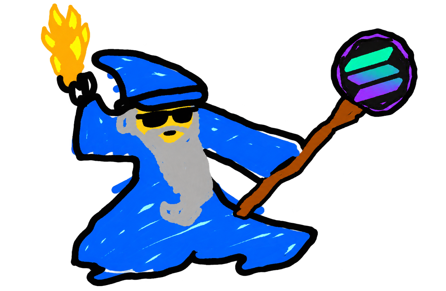 Solana Wizard: the classic blue-robed wizard wearing black sunglasses and holding a Solana staff